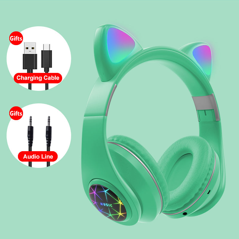 Cute Cat Earphones Bluetooth Wireless with LED Muisc Stereo Headphone