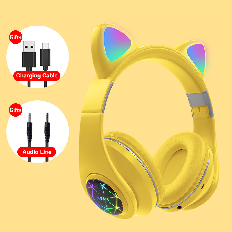 Cute Cat Earphones Bluetooth Wireless with LED Muisc Stereo Headphone