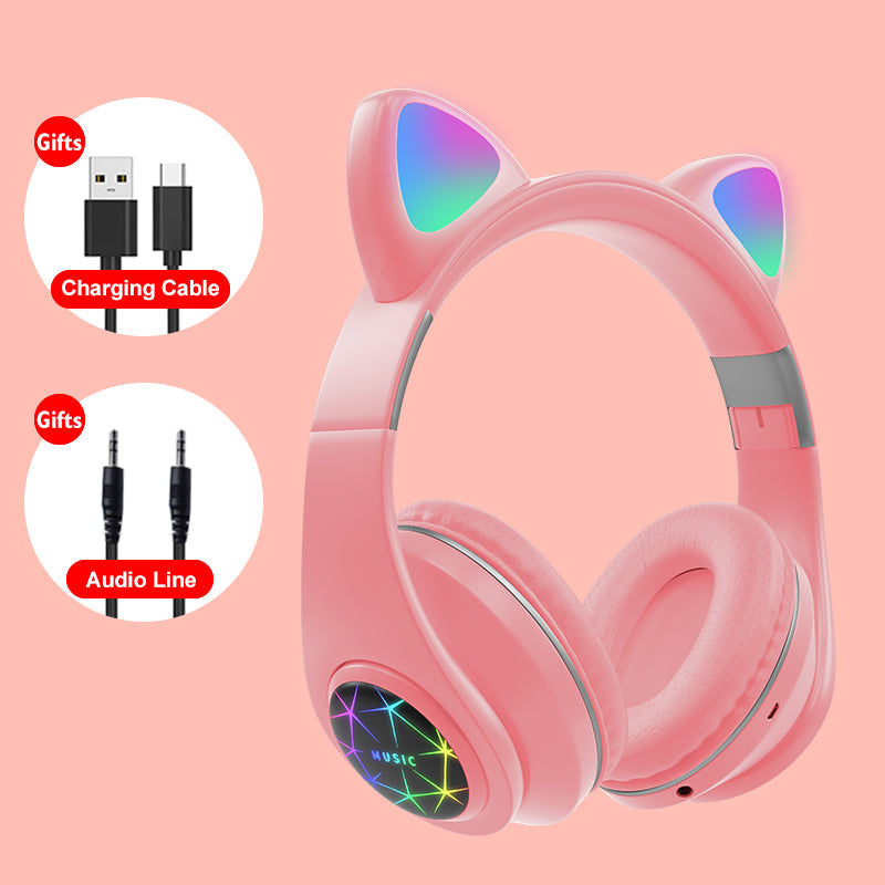 Cute Cat Earphones Bluetooth Wireless with LED Muisc Stereo Headphone