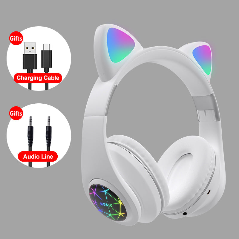 Cute Cat Earphones Bluetooth Wireless with LED Muisc Stereo Headphone