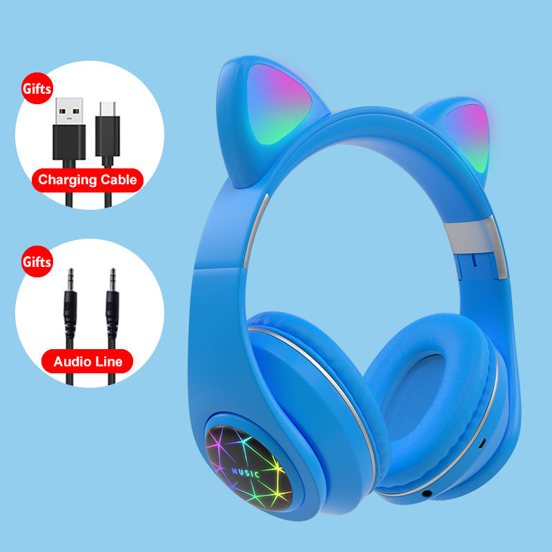 Cute Cat Earphones Bluetooth Wireless with LED Muisc Stereo Headphone