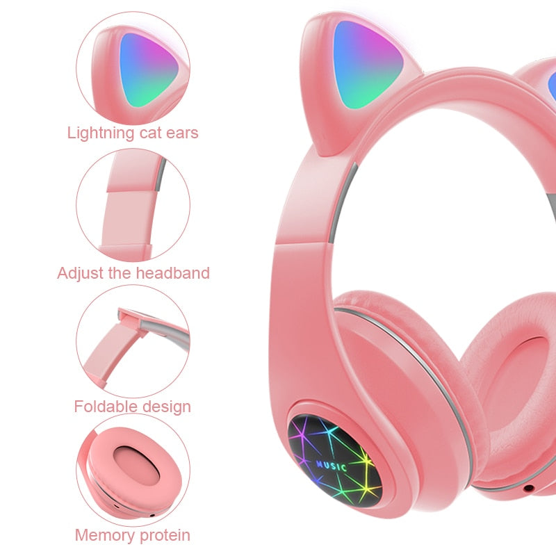 Cute Cat Earphones Bluetooth Wireless with LED Muisc Stereo Headphone