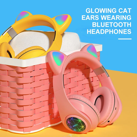 Cute Cat Earphones Bluetooth Wireless with LED Muisc Stereo Headphone